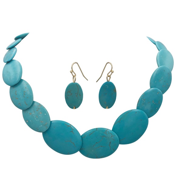 Turquoise Stone Oval Disks Necklace Earrings Set - Picture 1 of 3